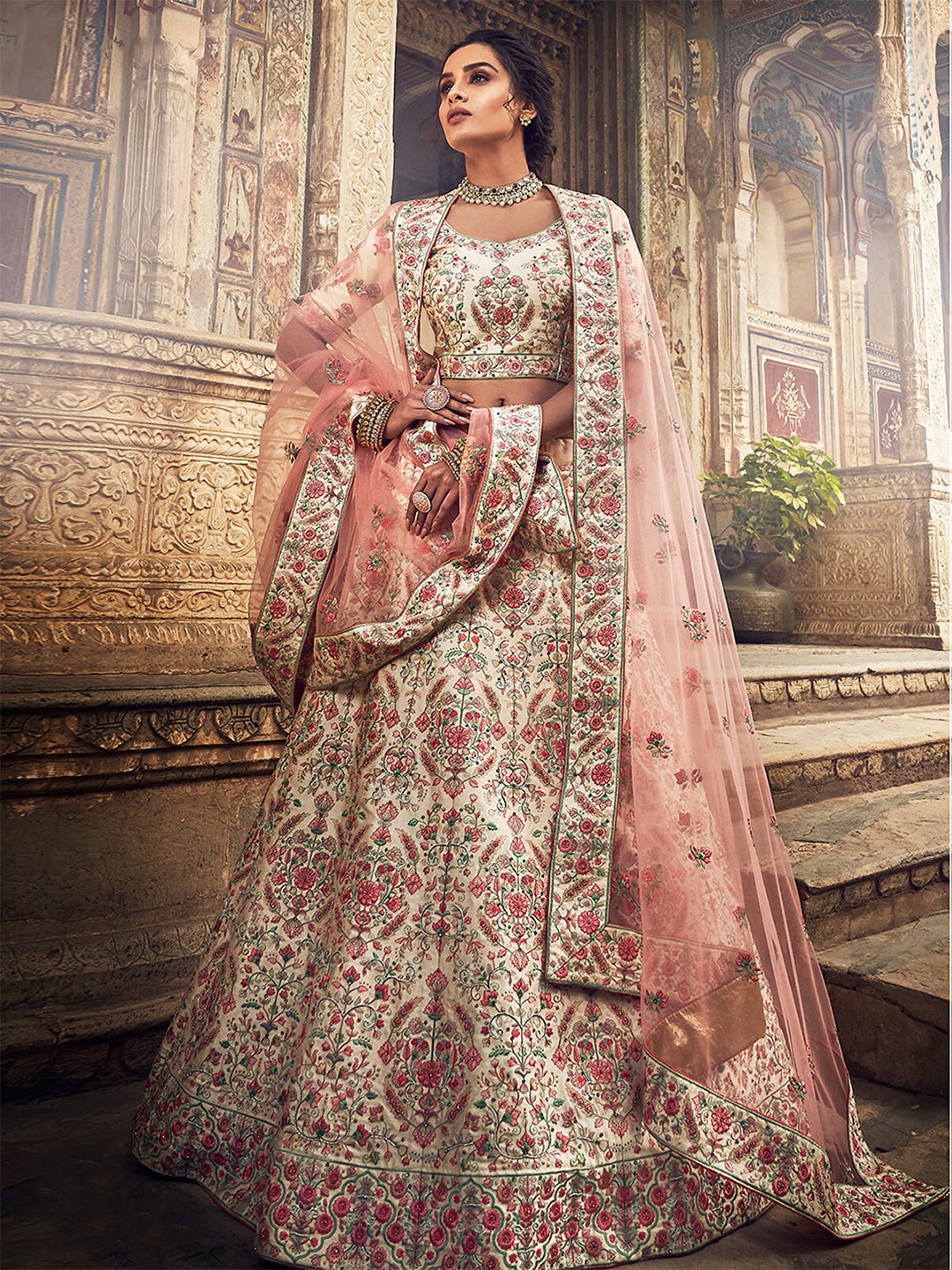 

ODETTE Embroidered Semi-Stitched Lehenga & Unstitched Blouse With Dupatta, Peach