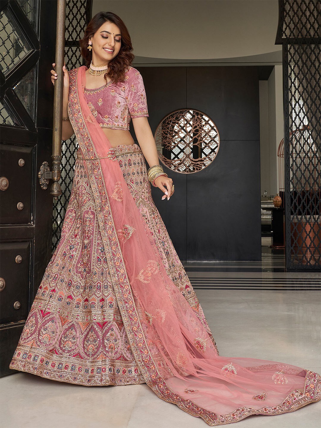 

ODETTE Embroidered Sequinned Semi-Stitched Lehenga & Unstitched Blouse With Dupatta, Pink