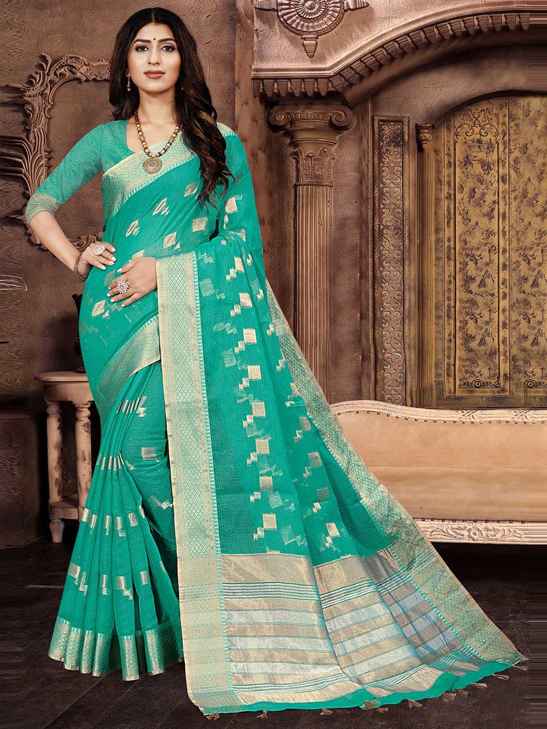 

Pisara Woven Design Zari Silk Cotton Kota Saree, Sea green