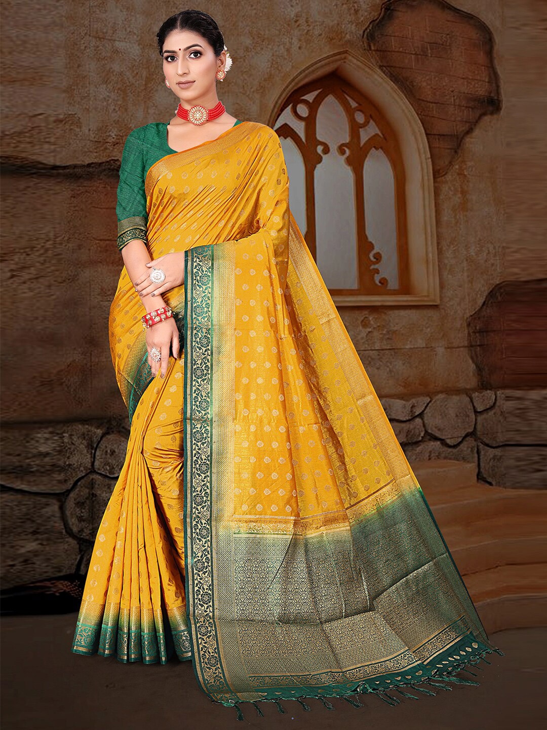 

Pisara Woven Design Zari Silk Cotton Banarasi Saree, Mustard