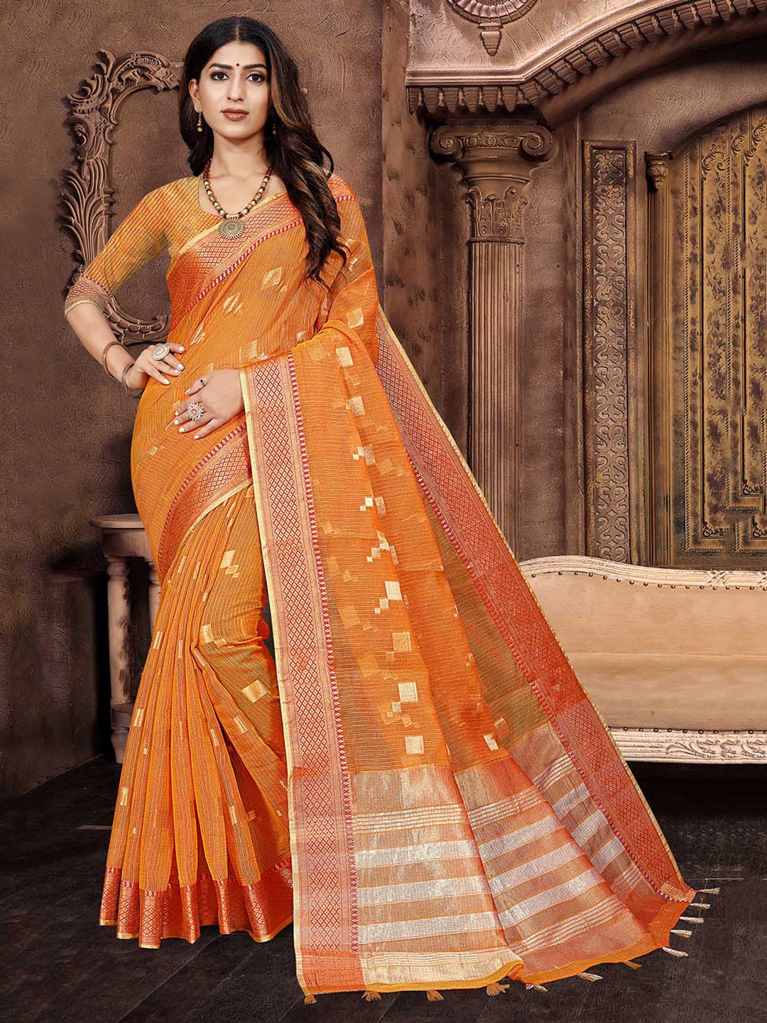 

Pisara Woven Design Zari Silk Cotton Kota Saree, Rust