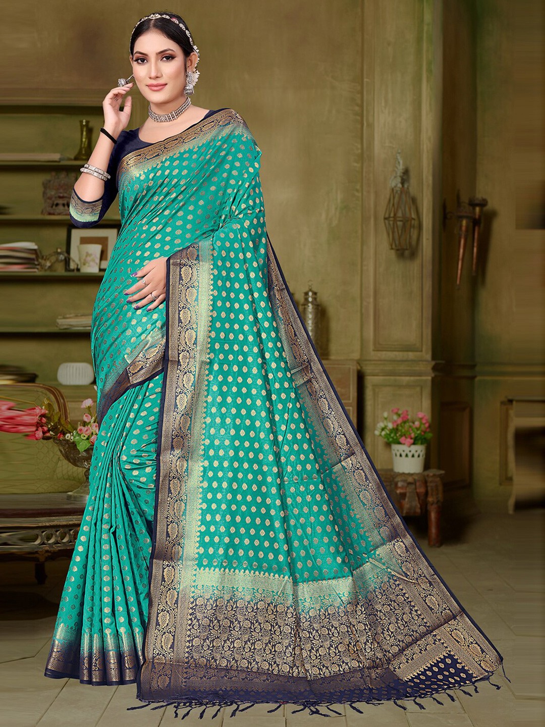 

Pisara Ethnic Motif Zari Silk Cotton Banarasi Saree, Teal