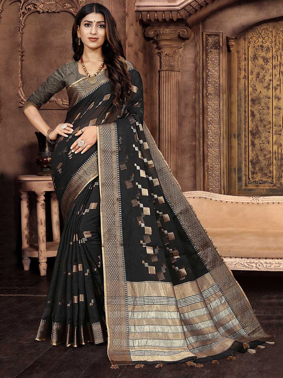 

Pisara Woven Design Silk Cotton Kota Saree, Black