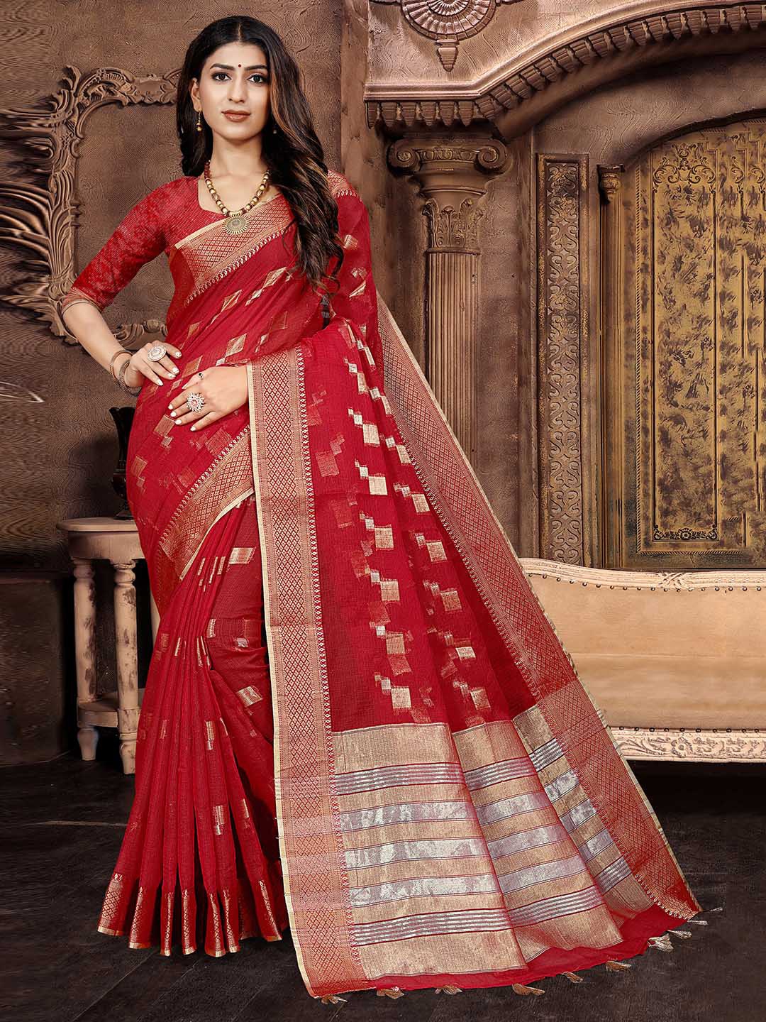 

Pisara Woven Design Zari Silk Cotton Kota Saree, Red