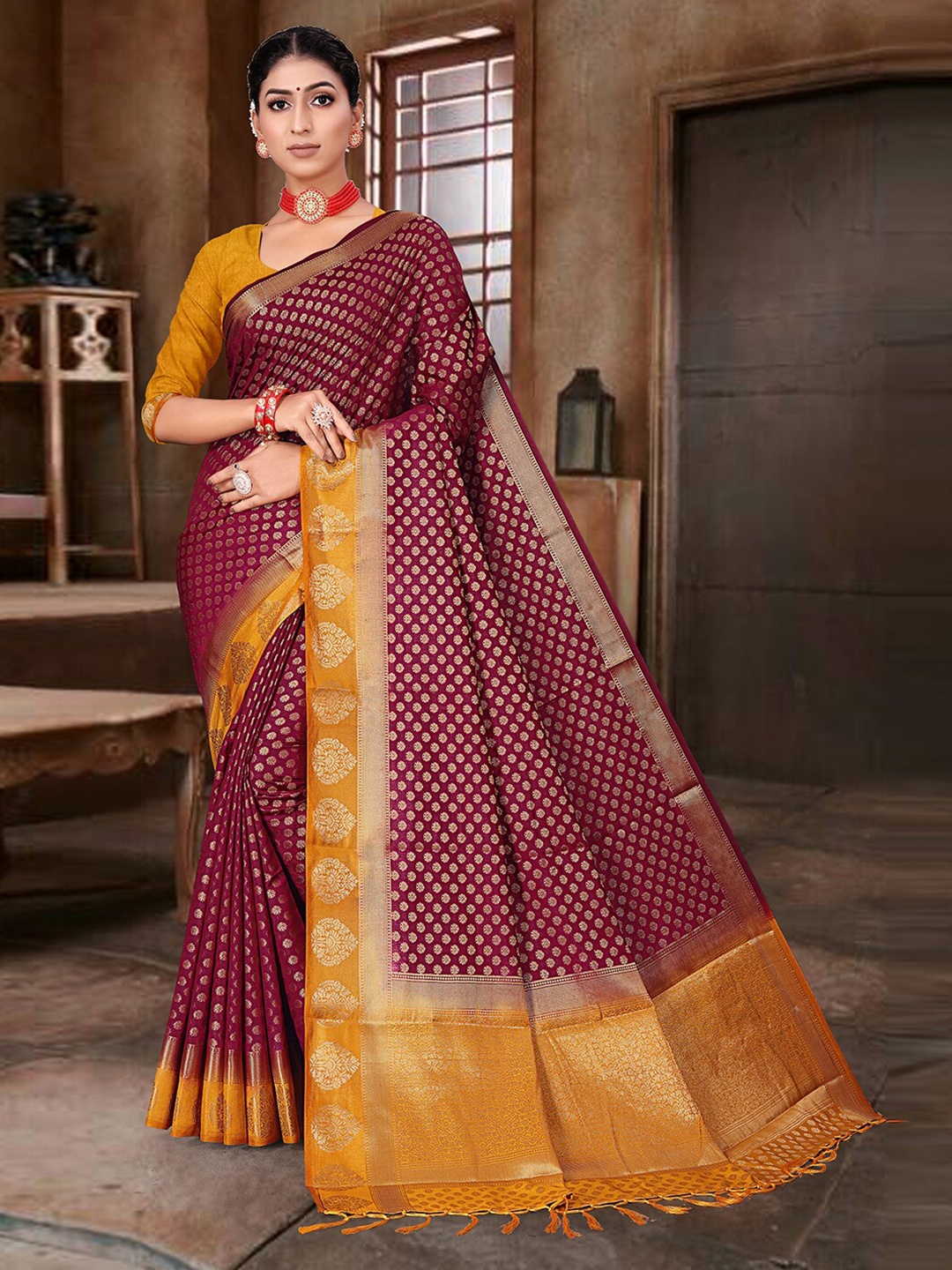 

Pisara Ethnic Motif Zari Silk Cotton Banarasi Saree, Maroon