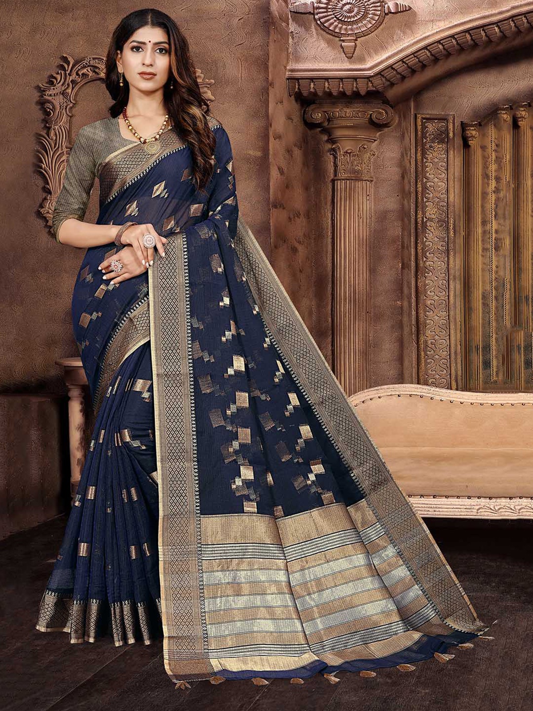 

Pisara Geometric Woven Design Zari Silk Cotton Kota Saree, Navy blue