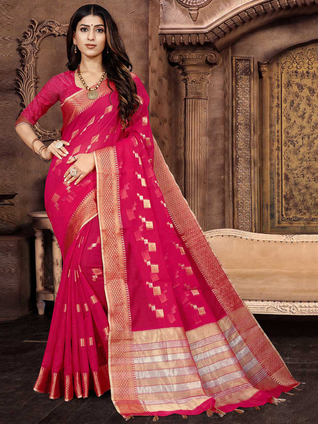 

Pisara Woven Design Zari Silk Cotton Kota Saree, Pink