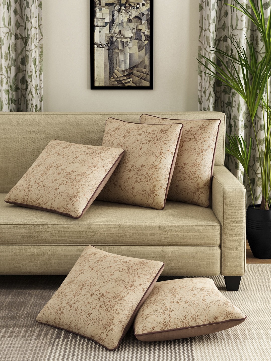 

ROMEE Beige Set of 5 Ethnic Motifs Square Cushion Covers