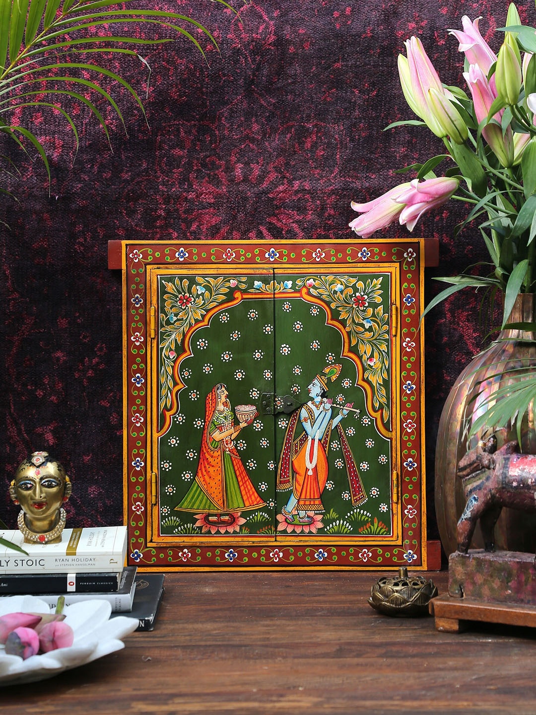 

Amoliconcepts Revive Green & Brown Radha Krishna Door Window Panel Wall Decor With Mirror