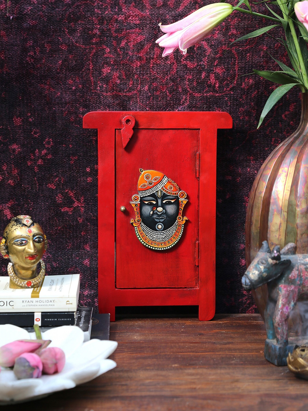 

Amoliconcepts Revive Red SrinathJi Double Door Wooden Wall Decor With Mirror