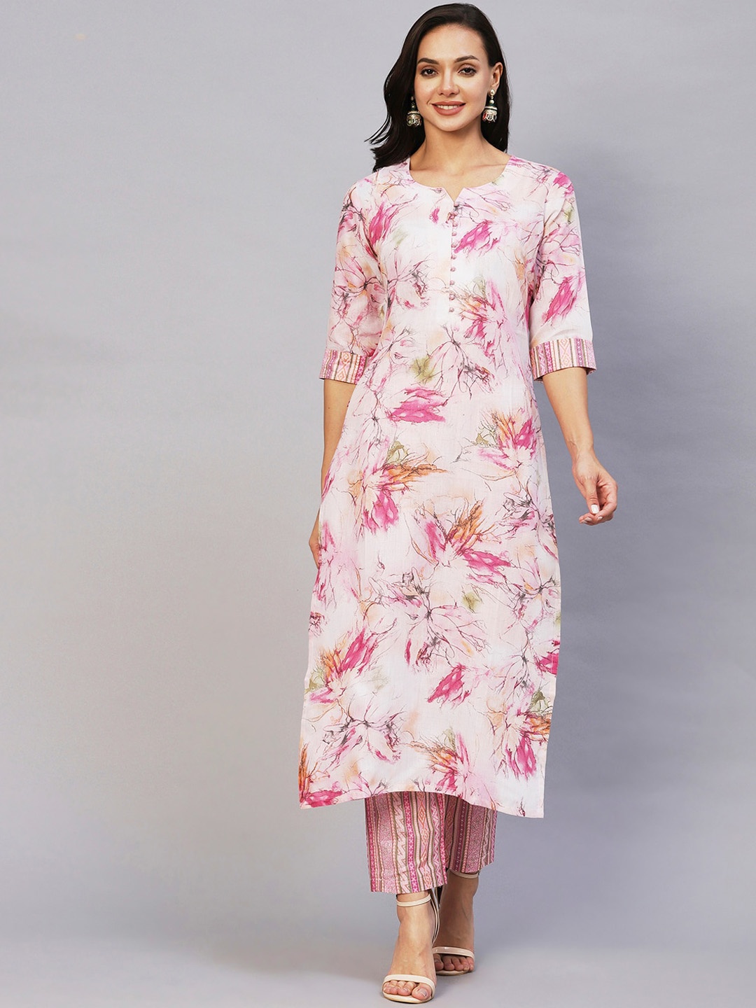 

KALINI Floral Printed Regular Kurta With Trousers, Pink