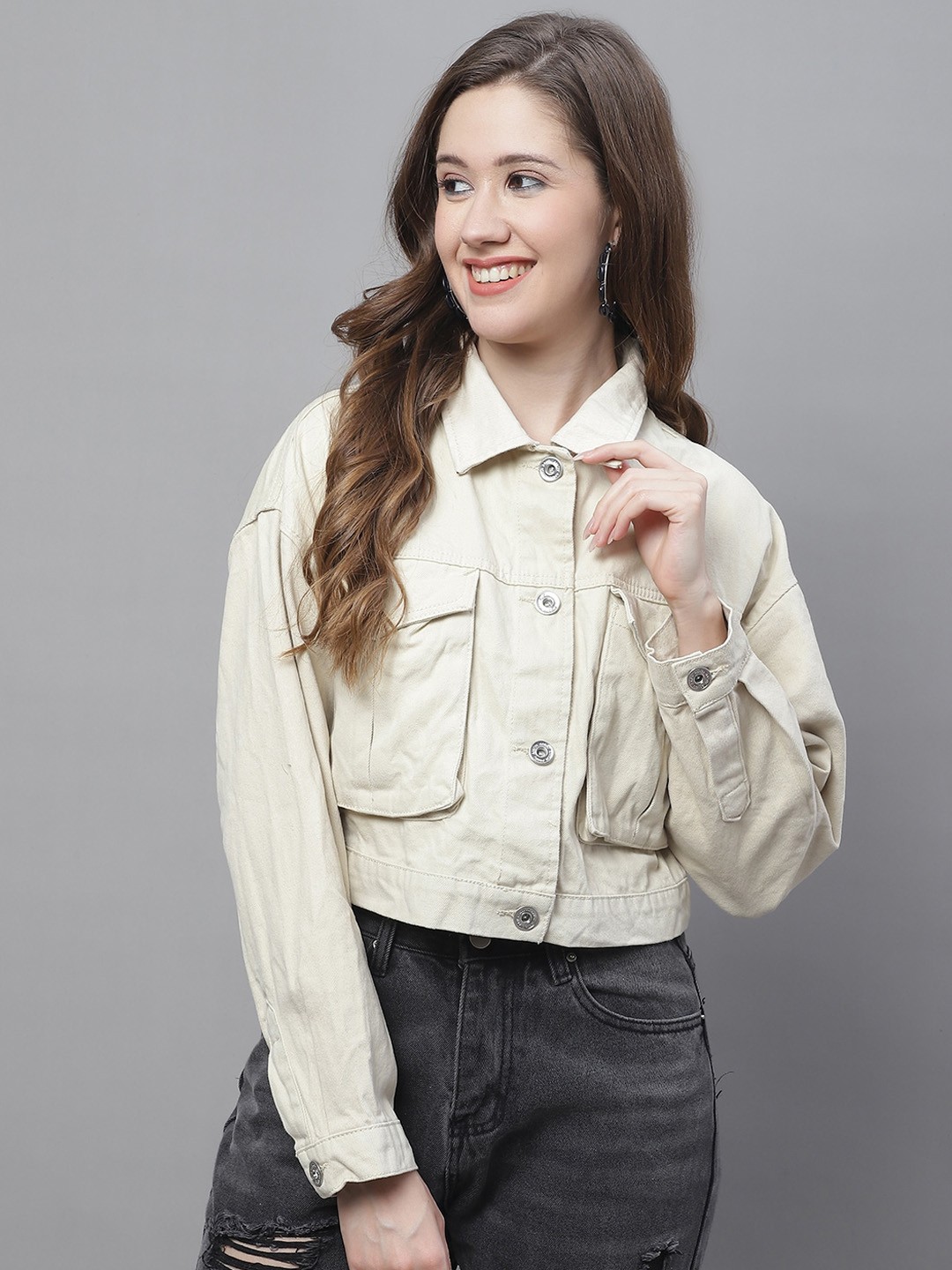 

NoBarr Women Crop Denim Jacket, Beige