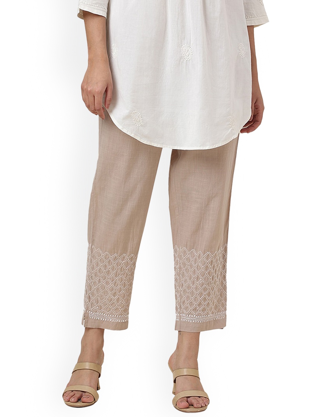 

Fabindia Women Floral Embroidered Cotton Trousers, Beige