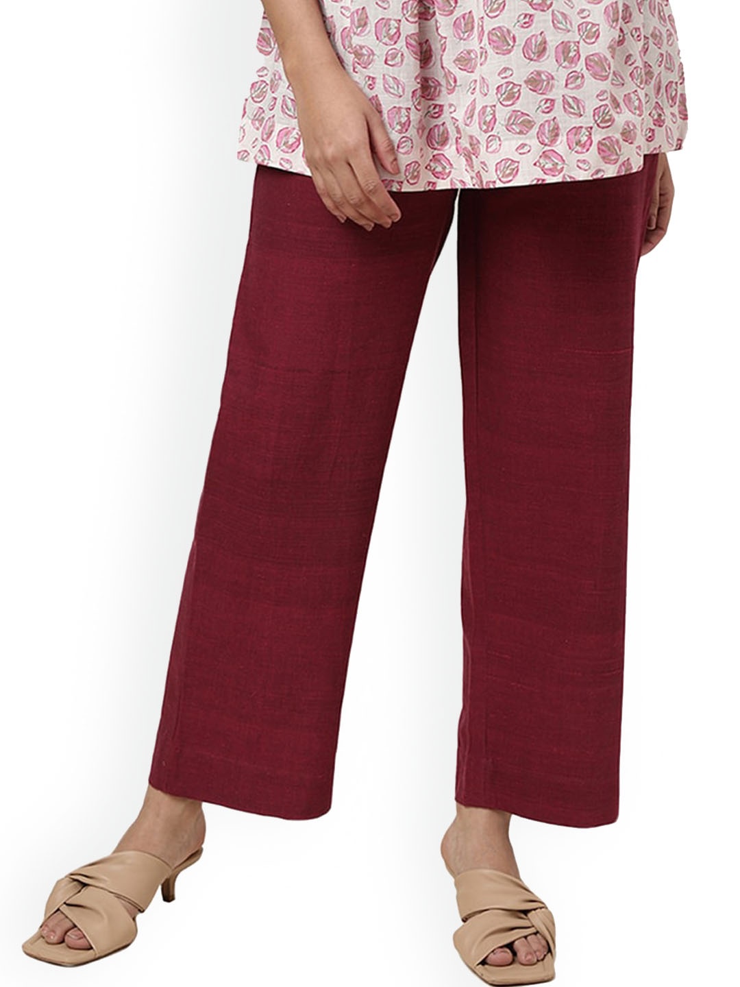 

Fabindia Women Mid-Rise Cotton Parallel Trousers, Burgundy