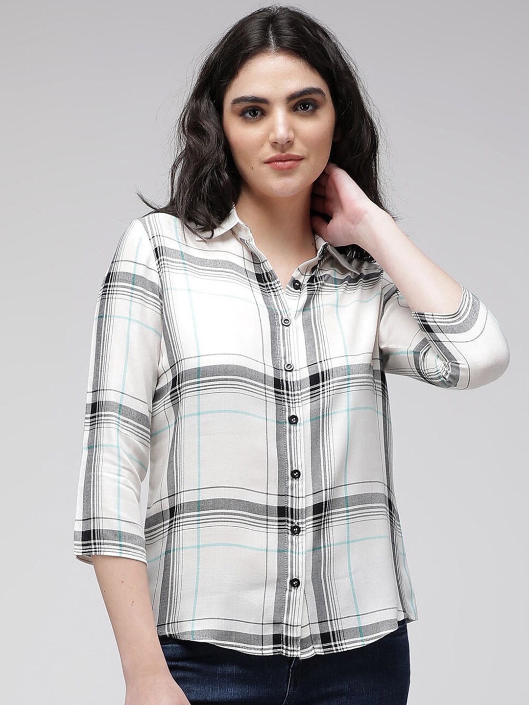 

IDK Grid Tattersall Checked Spread Collar Shirt, White