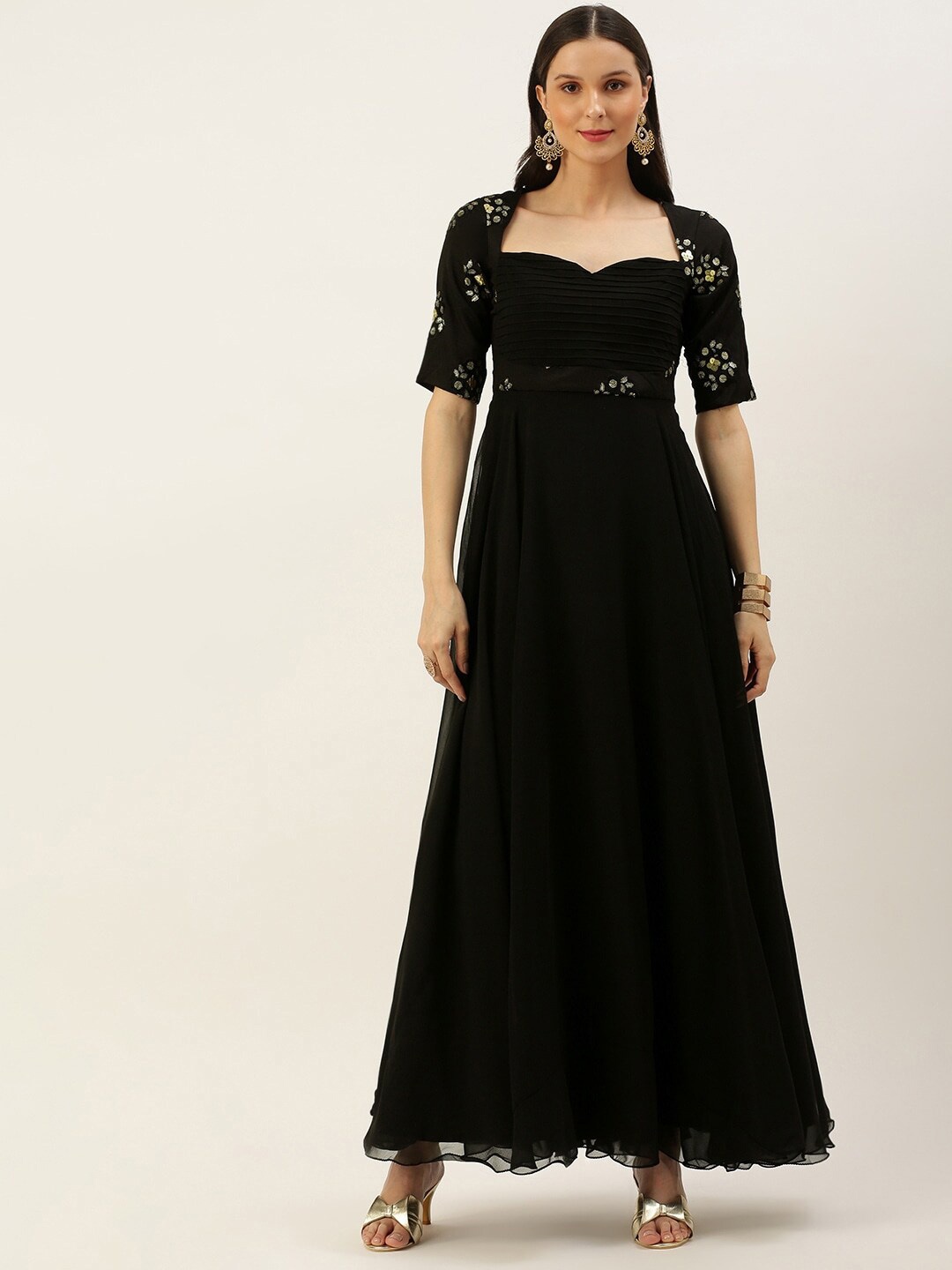 

Ethnovog Sweetheart Neck Georgette Maxi Dress, Black