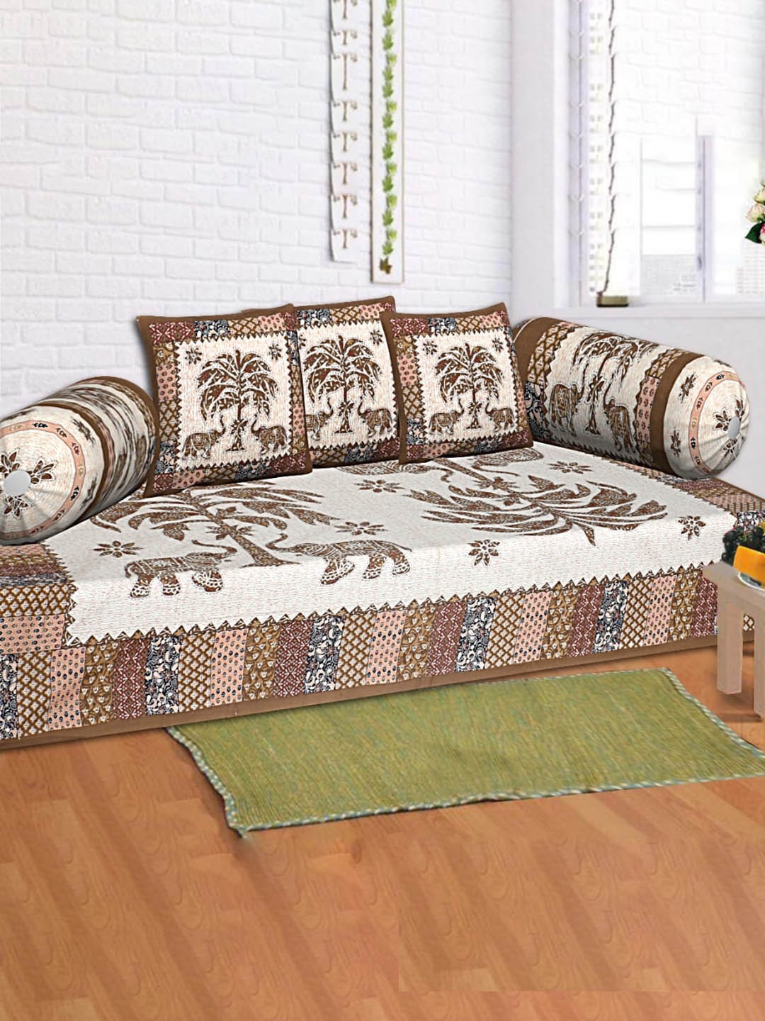 

INDHOME LIFE Brown 6-Pieces Floral Printed 200 TC Pure Cotton Diwan Set