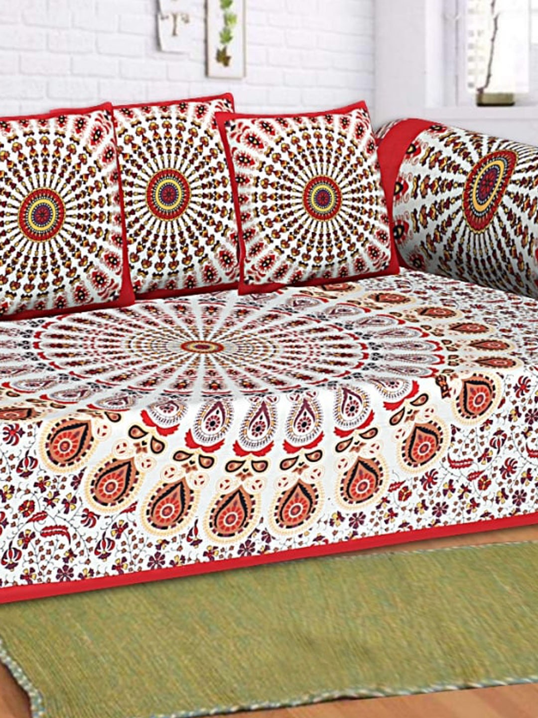 

INDHOME LIFE Red 6-Pieces Geometric Printed 200 TC Pure Cotton Diwan Set