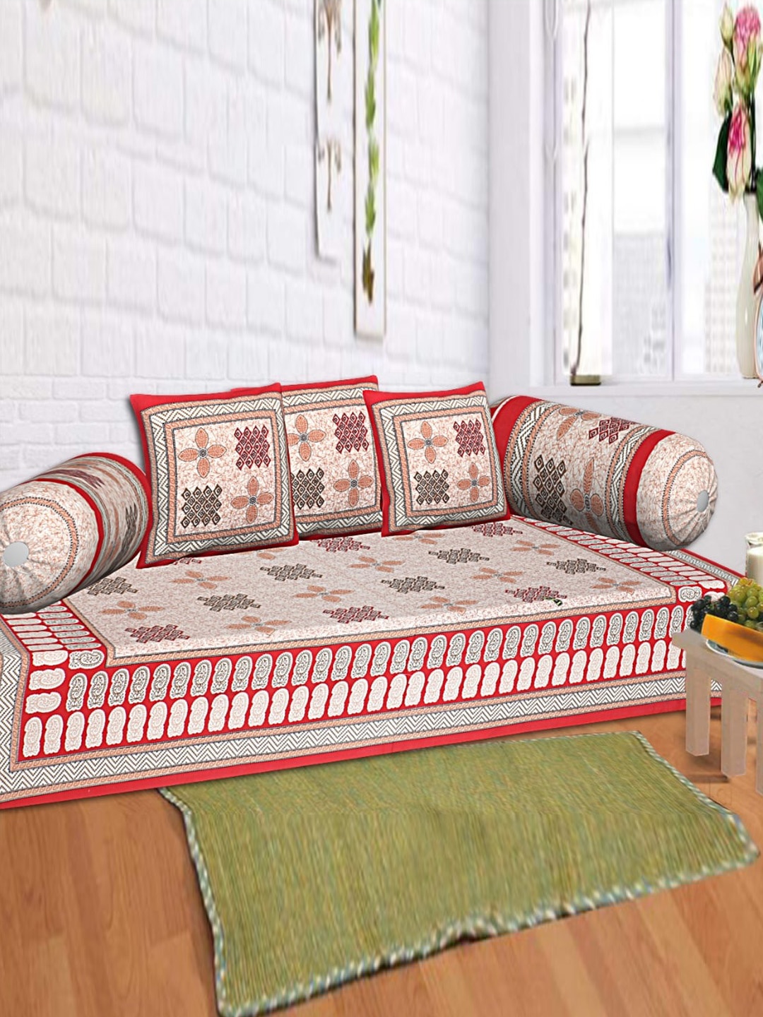 

INDHOME LIFE Brown & Red 6-Pieces Ethnic Motif Printed 200 TC Pure Cotton Diwan Set