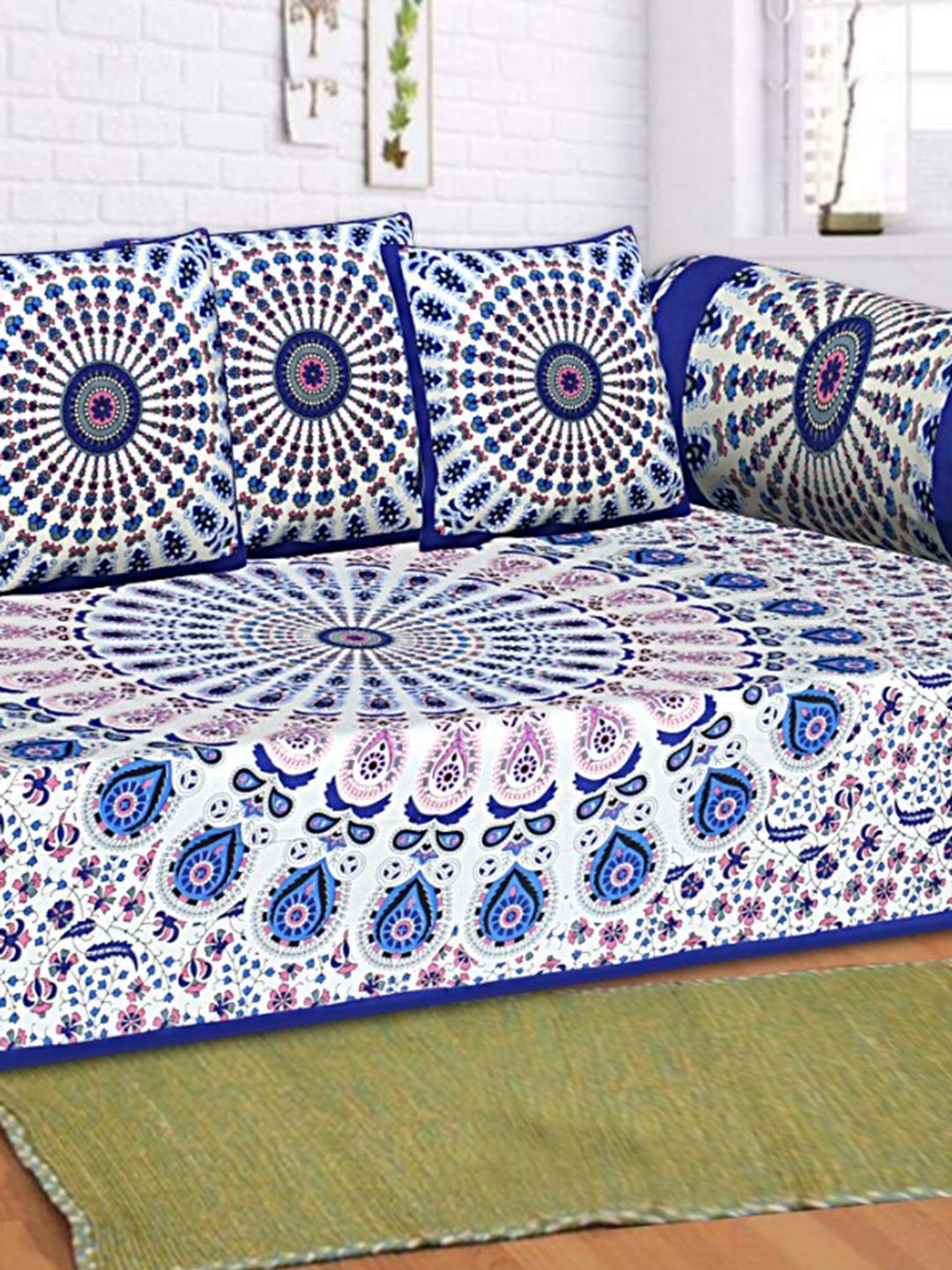 

INDHOME LIFE Blue & White Printed 200 TC Cotton Diwan Set