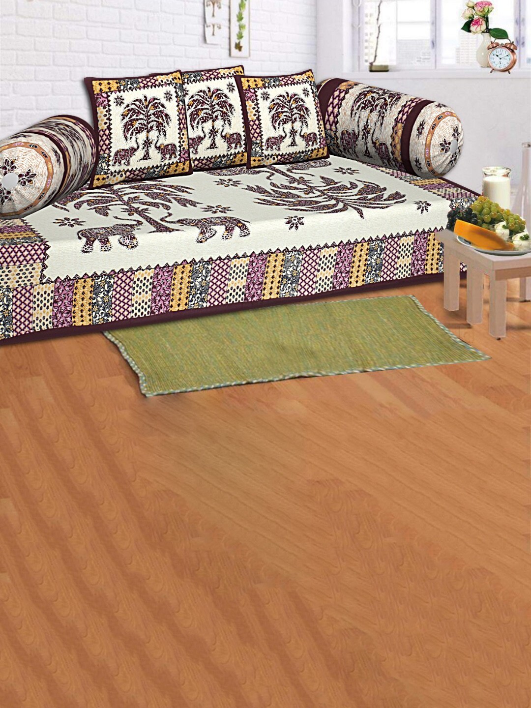 

INDHOME LIFE 6-Pcs White & Maroon Printed 200 TC Cotton Diwan Set