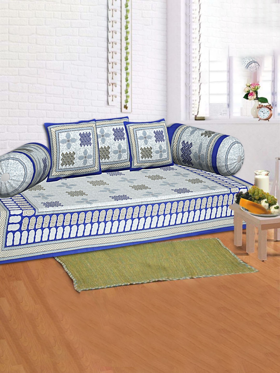

INDHOME LIFE Blue 6-Pieces Floral Printed 200 TC Pure Cotton Diwan Set