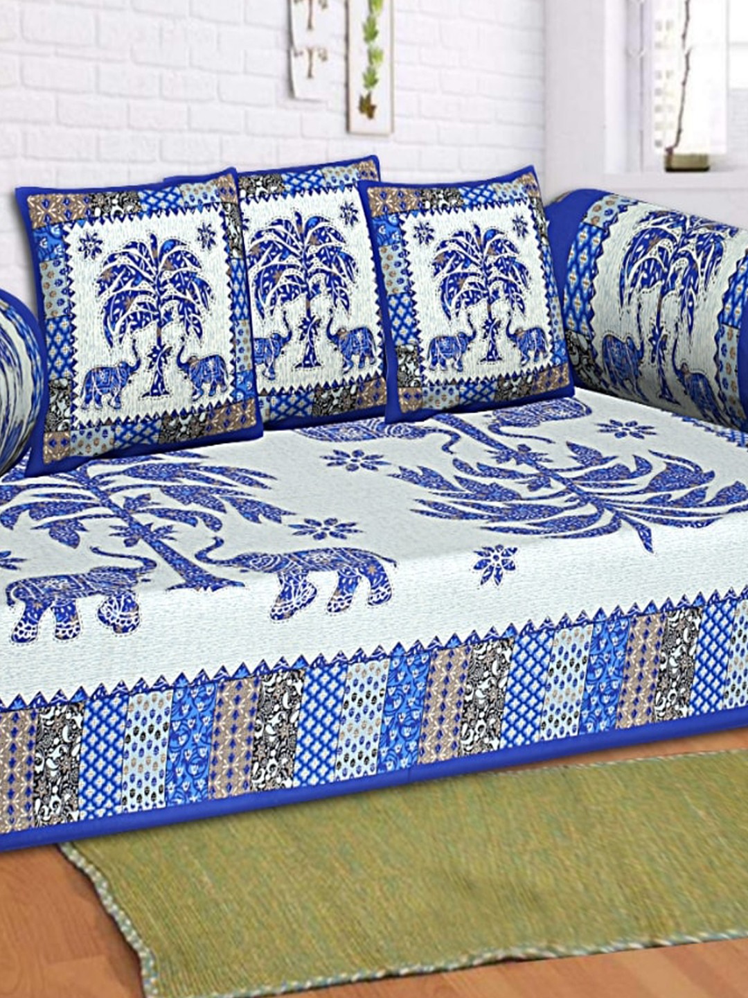 

INDHOME LIFE Blue 6-Pieces Floral Printed 200 TC Pure Cotton Diwan Set