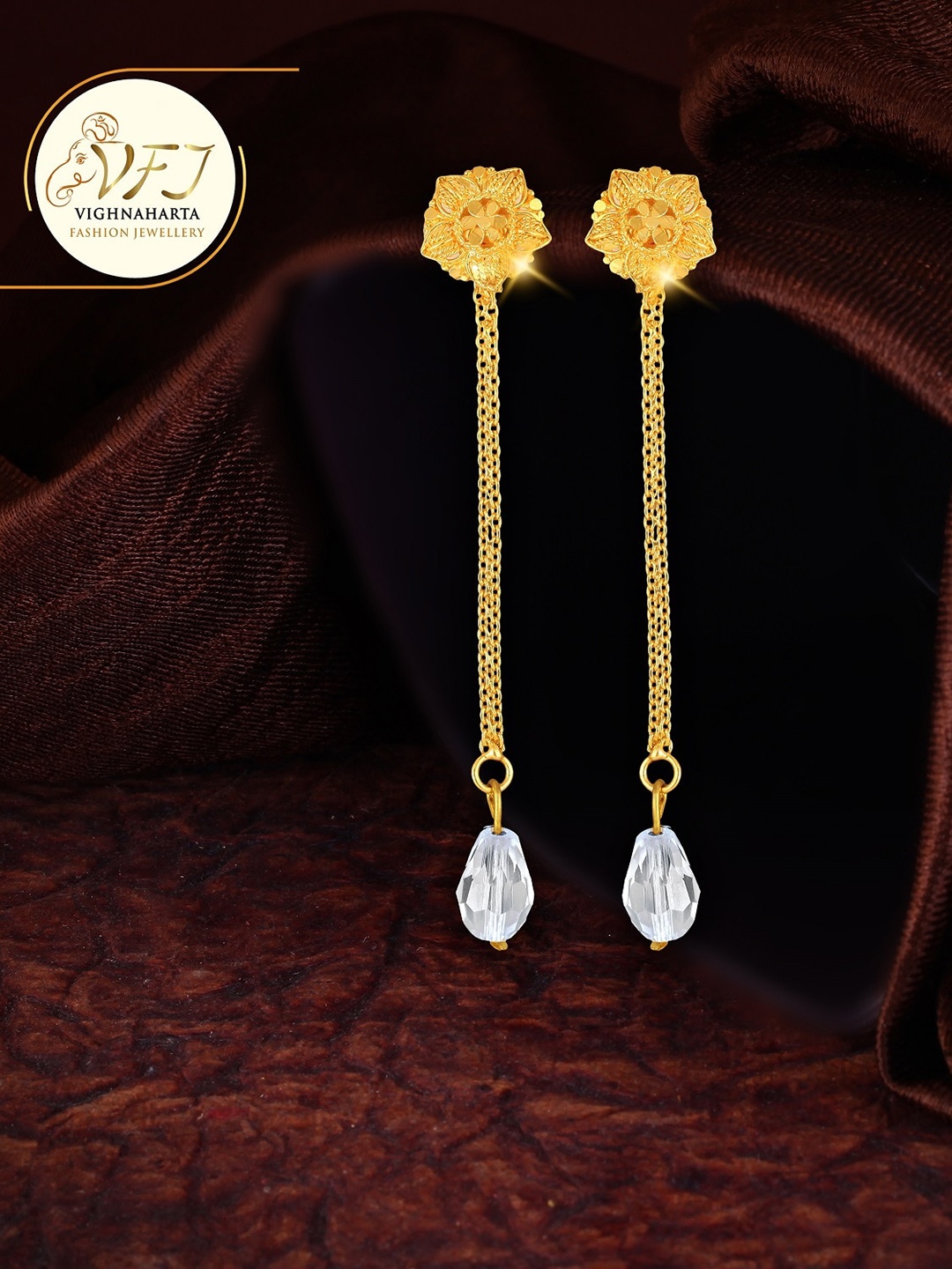 

Vighnaharta Gold-Plated Floral Studs Earrings With Removable Chain