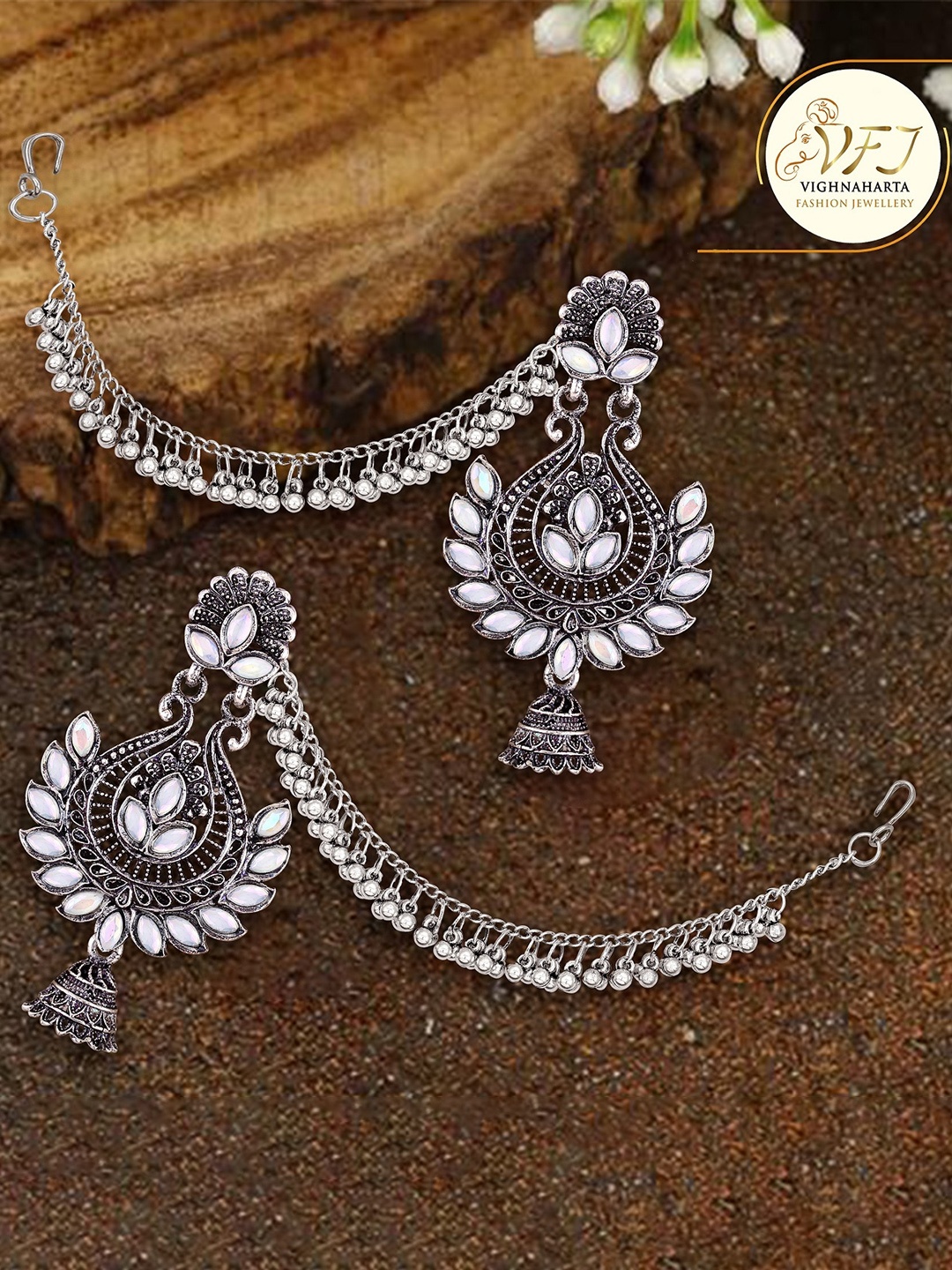 

Vighnaharta Rhoium-Plated Floral chandbali Earrings, Black
