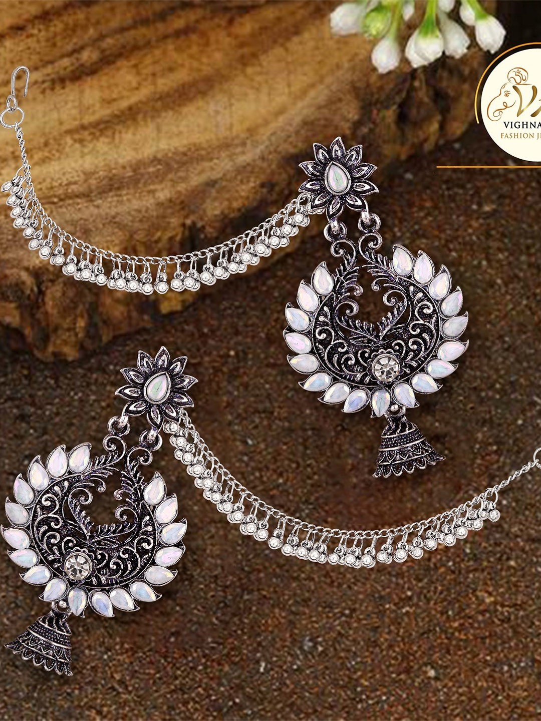 

Vighnaharta Rhodium-Plated Floral Jhumkas With Ear Cuffs, Silver