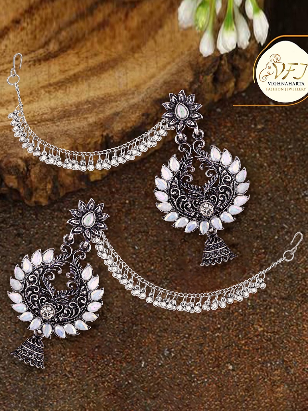 

Vighnaharta Rhodium-Plated Floral Jhumkas With Ear Cuffs, Silver