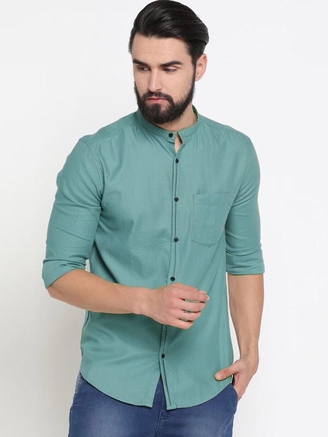 

Try This Mandarin Collar Opaque Casual Cotton Shirt, Sea green