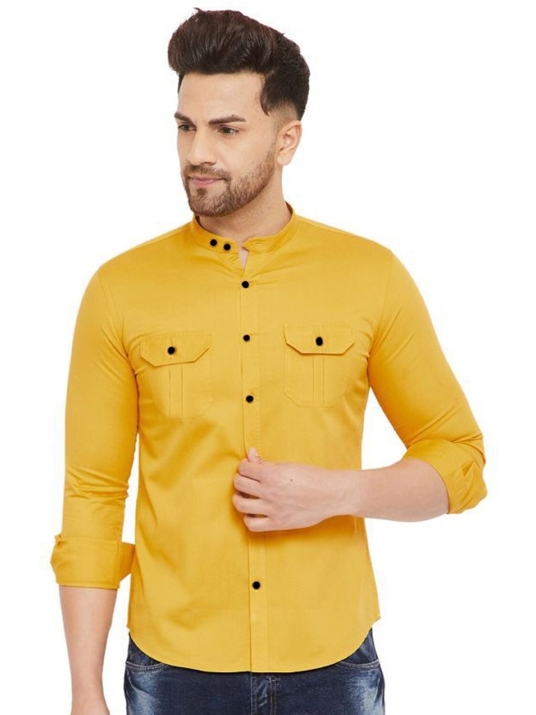 

Try This Mandarin Collar Opaque Casual Cotton Shirt, Yellow