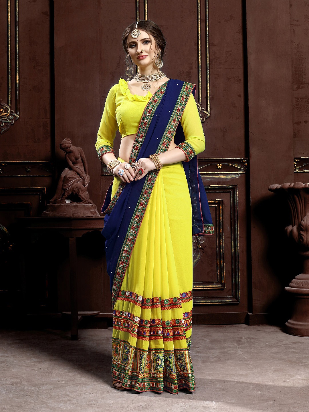 

SERONA FABRICS Embroidered Pure Georgette Half And Half Saree, Navy blue