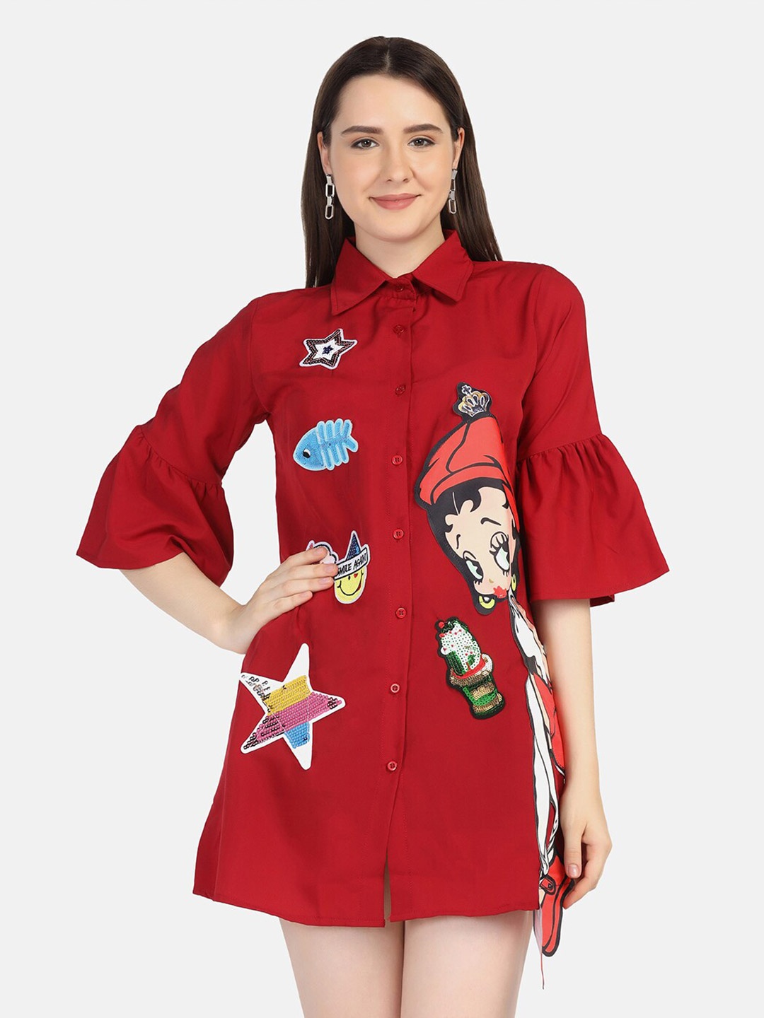 

BUY NEW TREND Graphic Printed Applique Bell Sleeves Shirt Mini Dress, Maroon