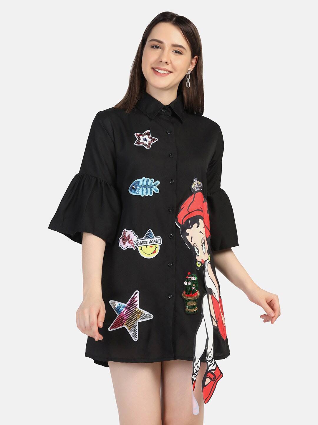 

BUY NEW TREND Graphic Printed Applique Bell Sleeves Shirt Mini Dress, Black