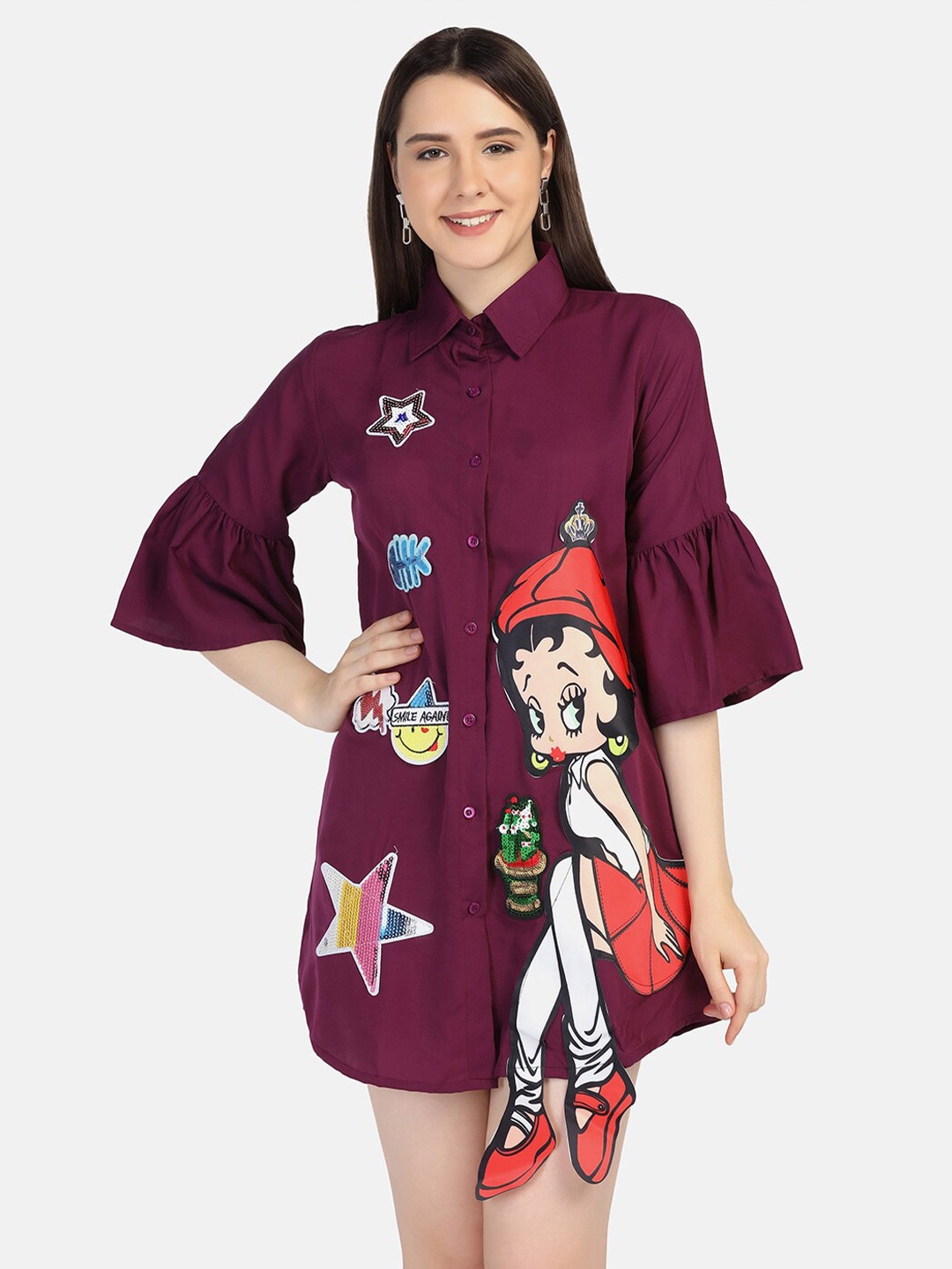 

BUY NEW TREND Graphic Printed Applique Bell Sleeves Shirt Mini Dress, Maroon