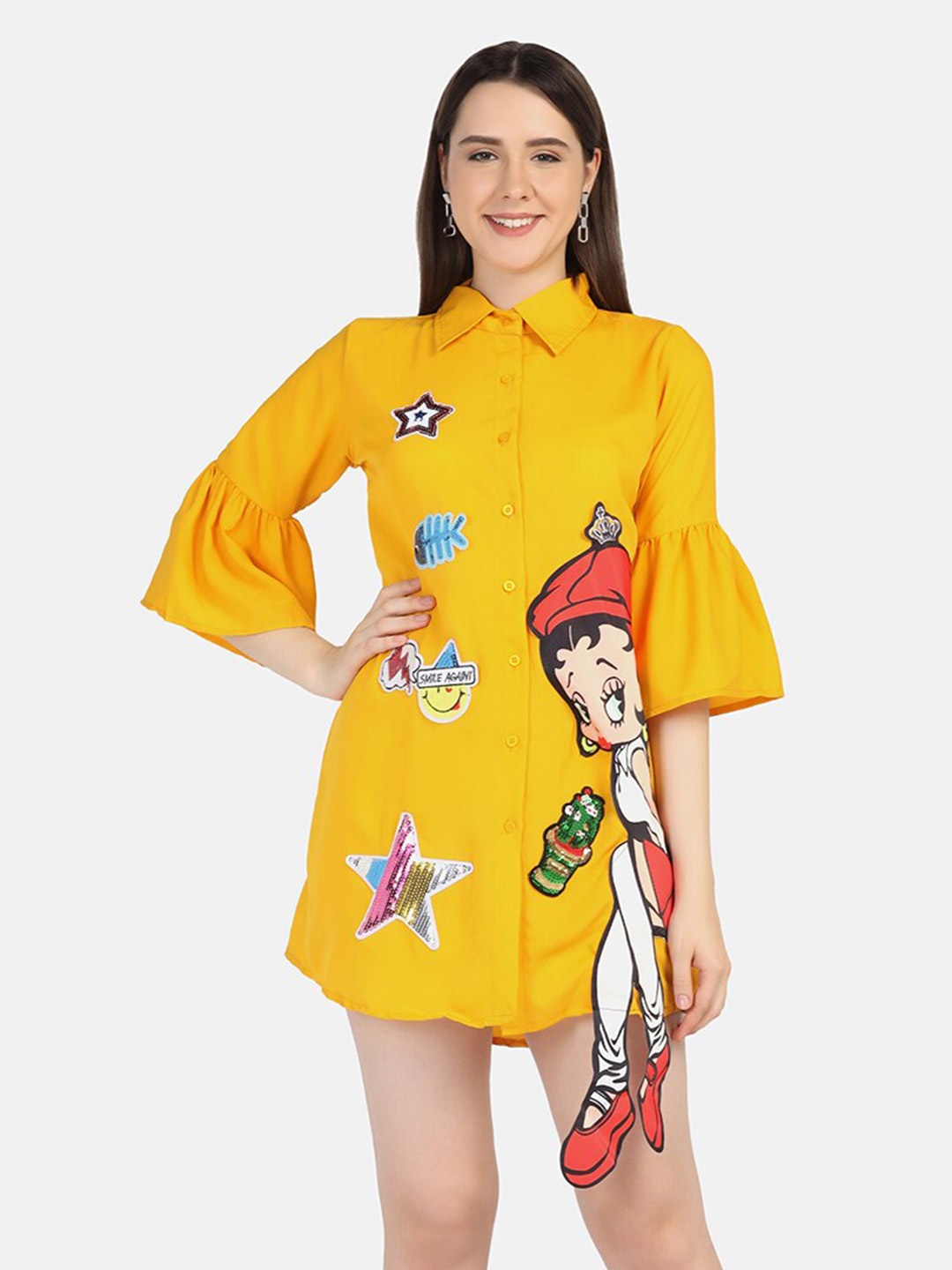 

BUY NEW TREND Graphic Printed Applique Bell Sleeves Shirt Mini Dress, Yellow