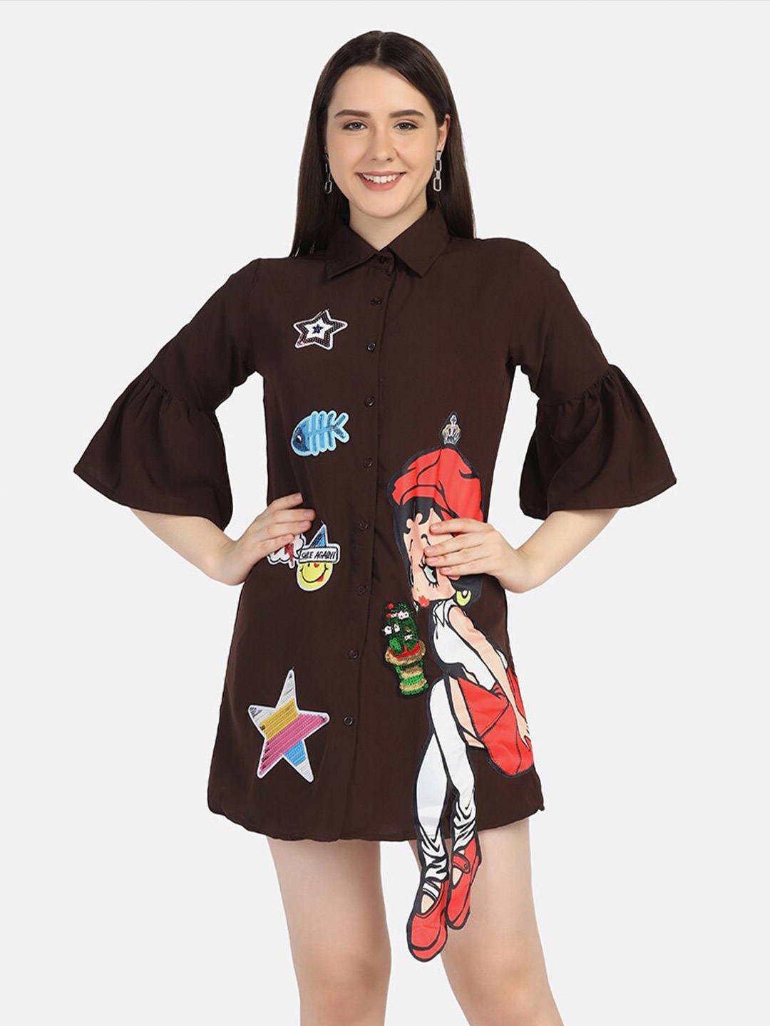 

BUY NEW TREND Graphic Printed Applique Bell Sleeves Shirt Mini Dress, Brown