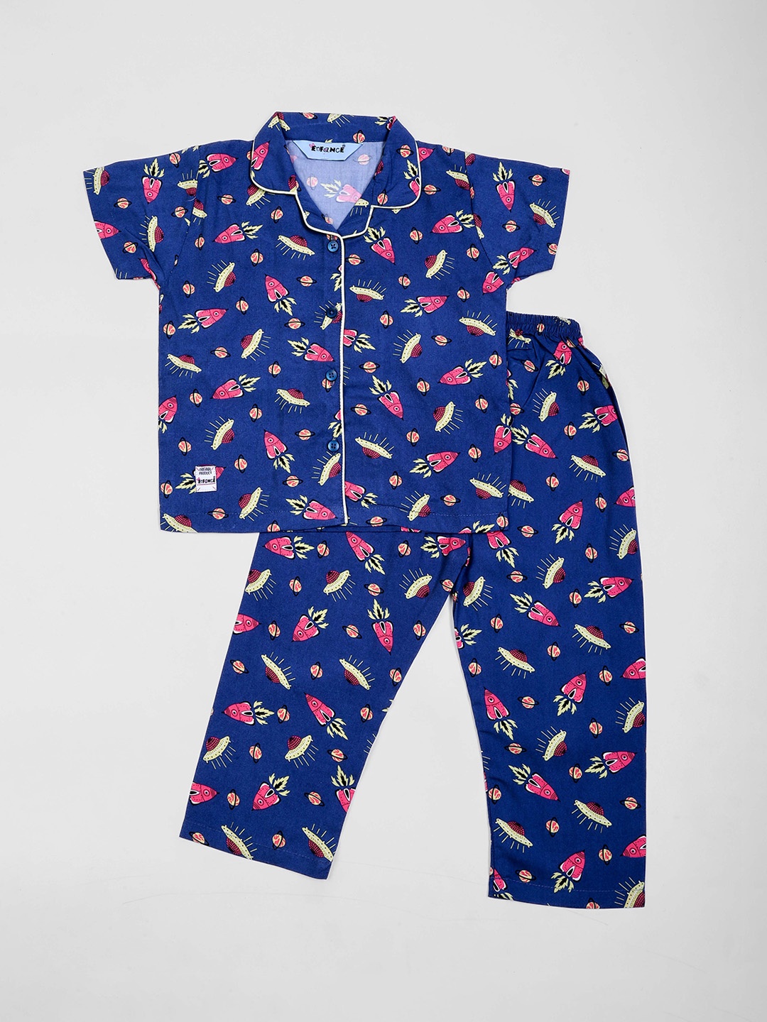 

Enfance Kids Conversational Printed Pure Cotton Night Suit, Navy blue