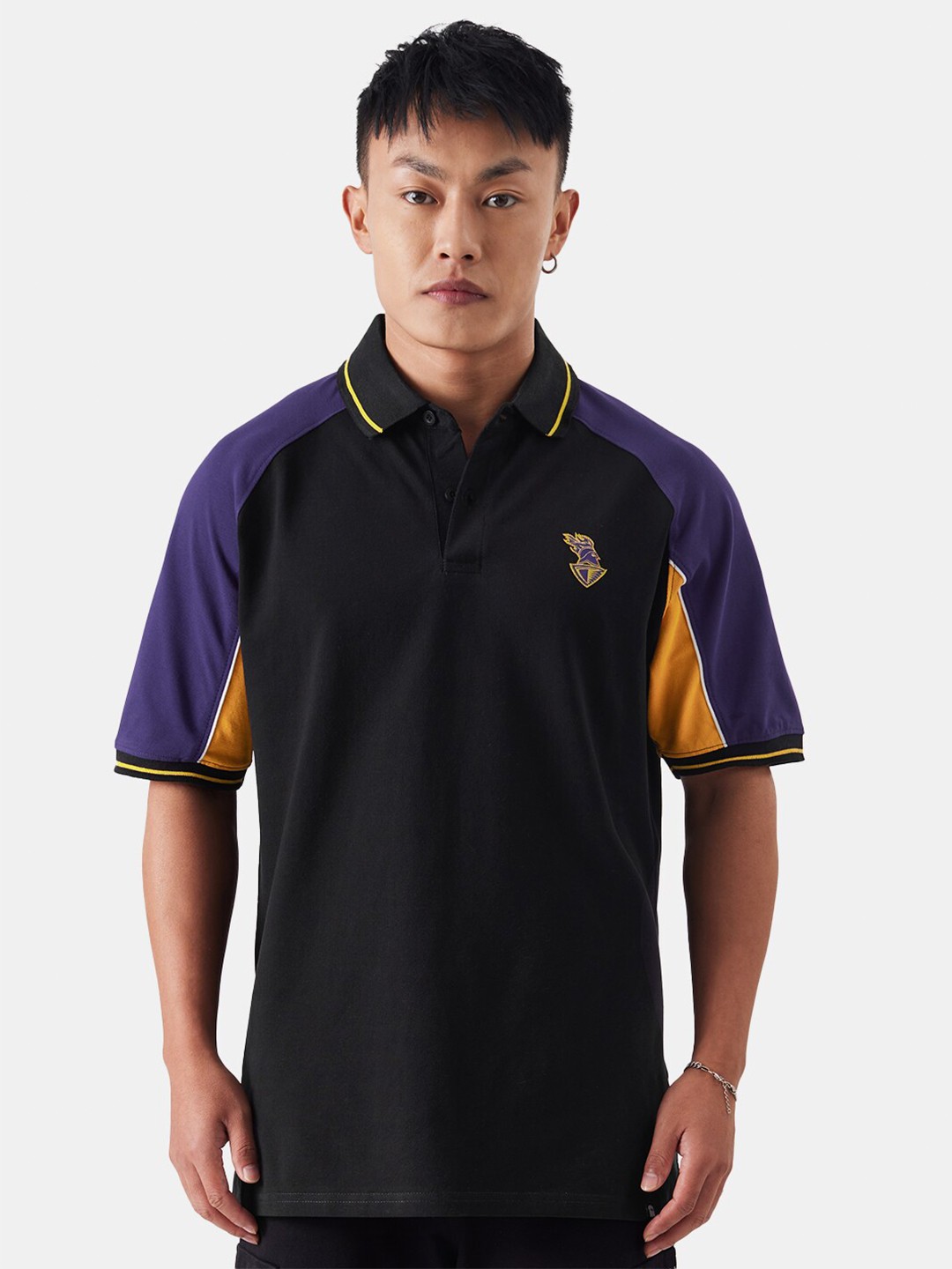 

The Souled Store Black & Purple Colourblock Polo Collar Raglan Sleeves T-shirt