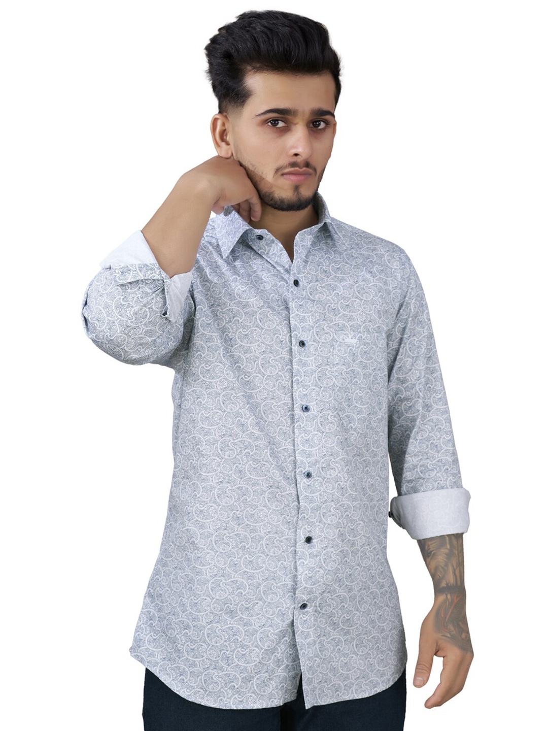 

FRENCH CROWN Standard Ethnic Printed Twill Cotton Casual Shirt, Blue