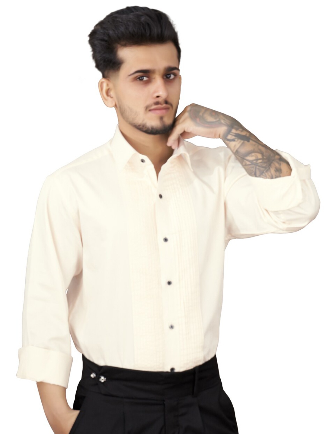 

FRENCH CROWN Standard Pleated Twill Cotton Casual Shirt, Cream