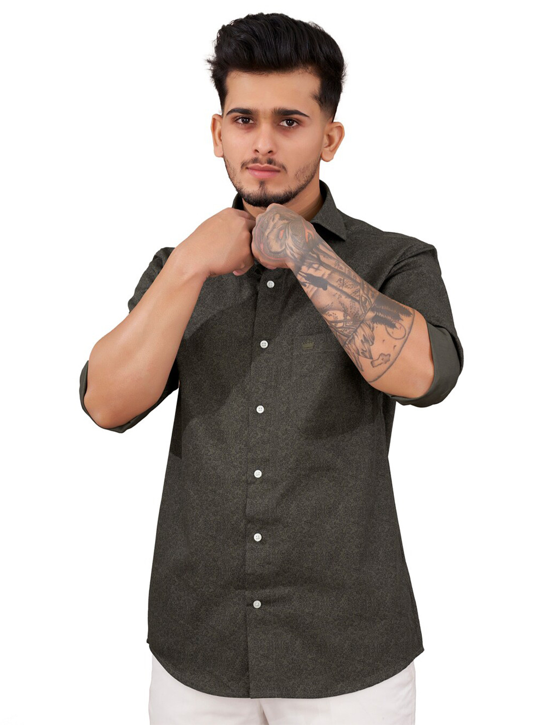 

FRENCH CROWN Standard Abstract Printed Twill Cotton Casual Shirt, Green
