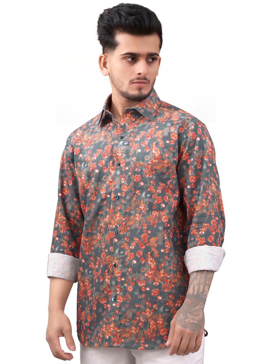 

FRENCH CROWN Standard Floral Printed Twill Cotton Casual Shirt, Grey