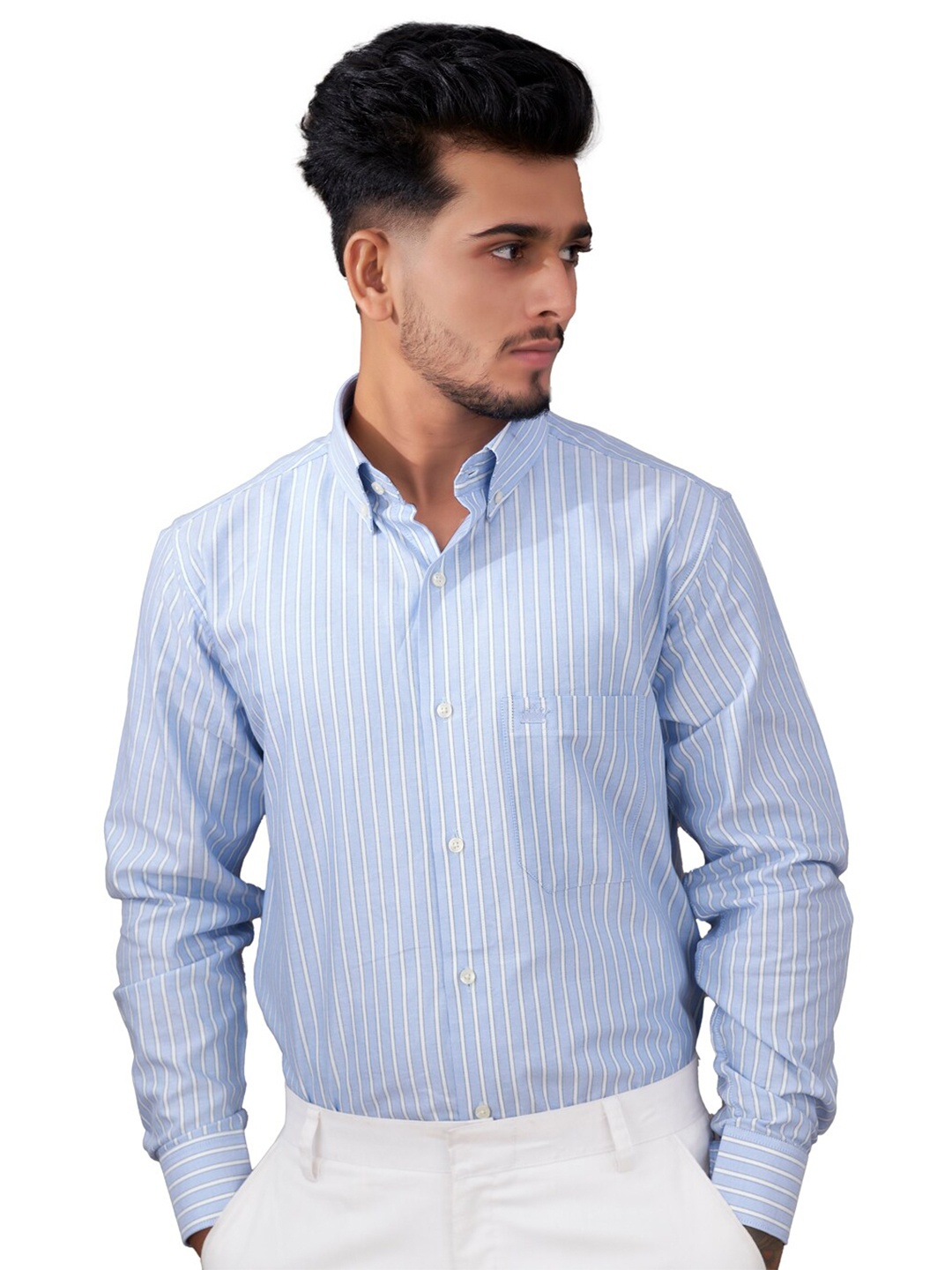 

FRENCH CROWN Standard Vertical Striped Button Down Collar Oxford Cotton Casual Shirt, Blue