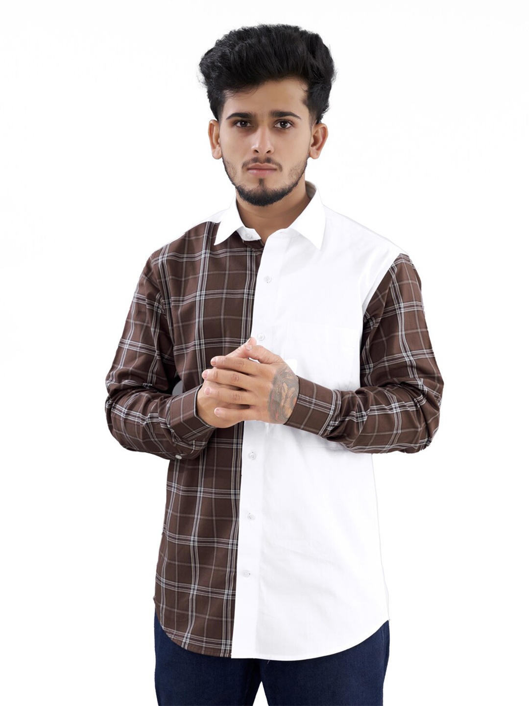 

FRENCH CROWN Standard Twill Checked Casual Shirt, Brown