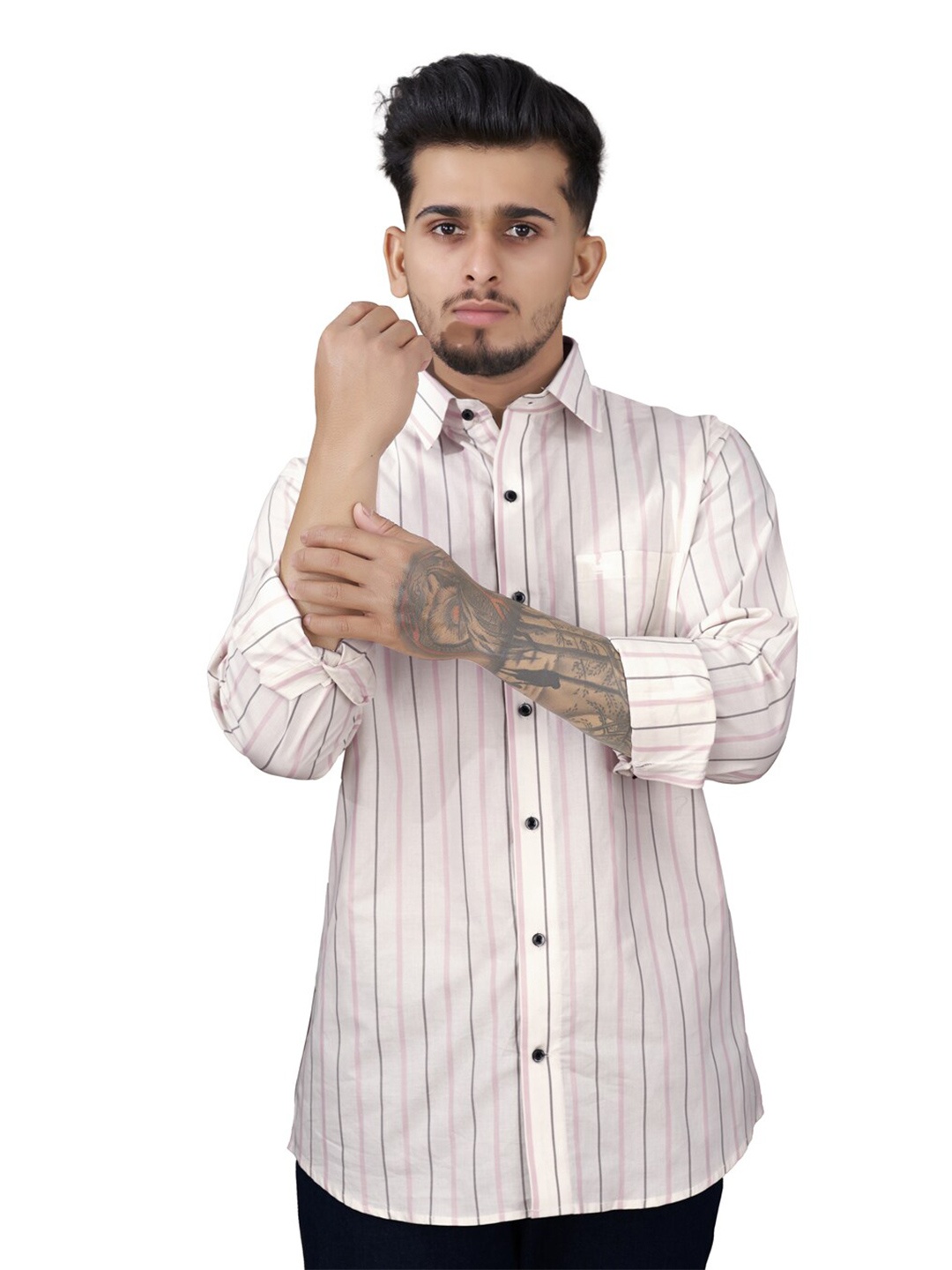 

FRENCH CROWN Standard Opaque Striped Casual Shirt, White