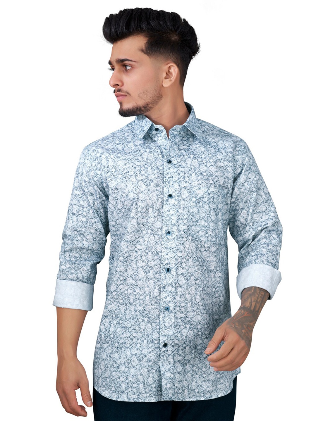 

FRENCH CROWN Standard Fit Abstract Printed Cotton Shirt, Blue