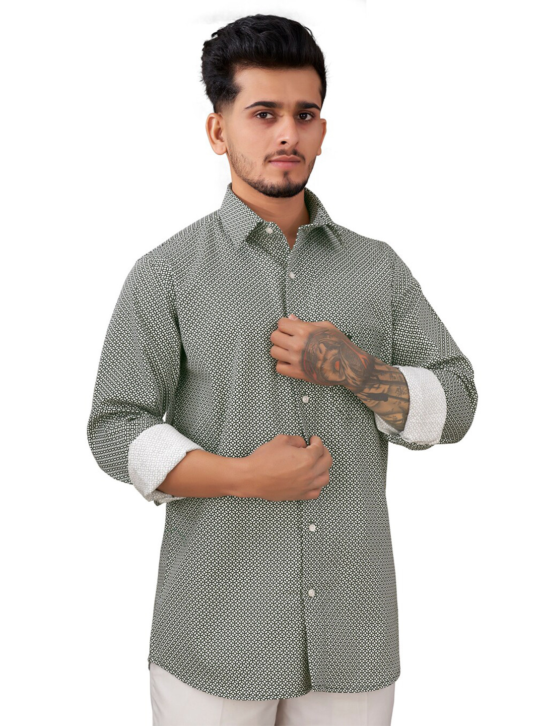 

FRENCH CROWN Standard Printed Spread Collar Pure Cotton Shirt, Green